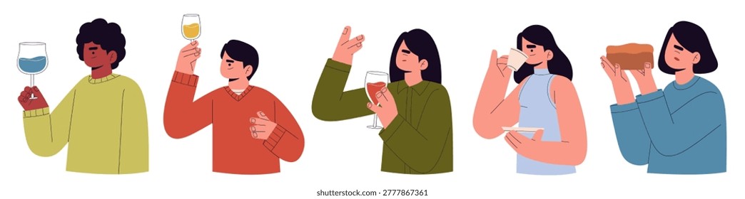 Flat vector illustration set of people tasting food and drinks, diverse characters enjoying beverages, coffee and bread while evaluating flavor and aroma, modern lifestyle and culinary review concept, cartoon style with expressive gestures, isolated on light background for restaurant, cafe, food testing and gastronomy design use