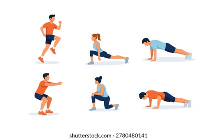 Flat vector illustration set of people doing full body workout exercises including squats, lunges, planks and cardio training at home. Fitness and healthy lifestyle concept.