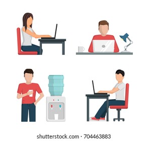 Flat vector illustration set of people men and women working at office, prive workplace, coworking, using laptop computer, having a break new water cooler.