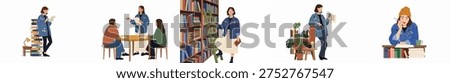 Flat vector illustration set of people studying, reading, and researching in a library or learning environment.