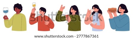 Flat vector illustration set of people tasting food and drinks, diverse characters enjoying beverages, coffee and bread while evaluating flavor and aroma, modern lifestyle and culinary review concept, cartoon style with expressive gestures, isolated on light background for restaurant, cafe, food testing and gastronomy design use