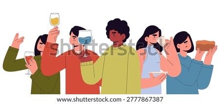 Flat vector illustration set of people tasting food and drinks, diverse characters enjoying beverages, coffee and bread while evaluating flavor and aroma, modern lifestyle and culinary review concept, cartoon style with expressive gestures, isolated on light background for restaurant, cafe, food testing and gastronomy design use