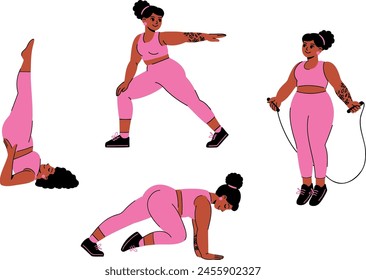 Flat vector illustration set of plus size woman doing physical exercises, fitness. African-American female character in pink sport outfit working out. Body positive and active lifestyle concept. 