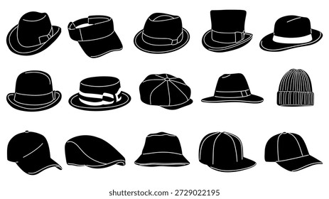 Flat vector illustration set of purple hat silhouettes including fedora, bowler, top hat, baseball cap, visor, beanie, flat cap, bucket hat, and snapback. Minimalist monochrome design with clean white outlines, isolated on white background. Perfect for fashion icons, logos, branding, apparel, and graphic design use.