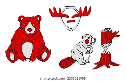 Ilustración vectorial plana de un conjunto de animales canadienses rojos con un contorno y textura negros. Oso, castor, cuernos de alce. Un animal aislado brillante, el tema del Día de Canadá, sobre un fondo blanco