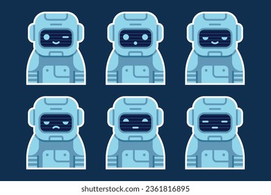 Ilustración vectorial plana de caracteres robot con diferentes emociones en la cara. Dibujo comercial para niños con un lindo y gracioso bot androide. Los stickers se reúnen con una persona de inteligencia artificial