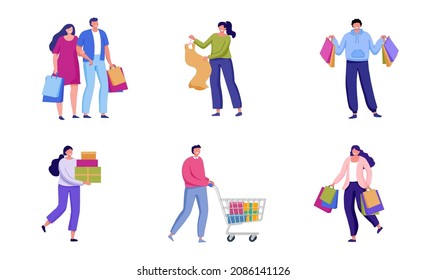 Flat vector illustration set. Shopping people with bags, packages and purchases. People buying presents, food, clothes. Male and female, couple characters in shopping  mall, store, market, supermarket