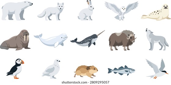 Flat vector illustration set showcasing various arctic animals including polar bears seals wolves and birds in a professional design style