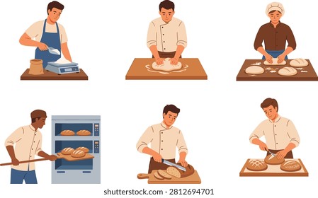 Flat vector illustration set showcasing the complete bread making process, including weighing ingredients, kneading dough, proofing, baking, scoring, and slicing fresh bread. Ideal for bakeries, culinary education, food production, recipe guides, websites, menus, and marketing materials.