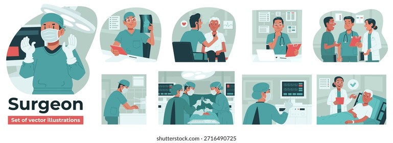 Conjunto de ilustrações vetoriais planas mostrando o fluxo de trabalho do cirurgião, incluindo consulta médica, diagnóstico, procedimento cirúrgico, trabalho em equipe na sala de operações e cuidados pós-operatórios. Conceito de saúde e hospital