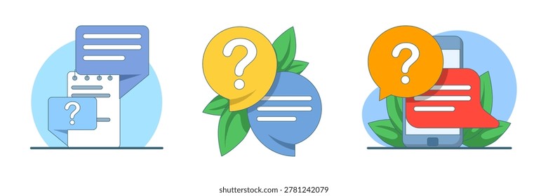 Flat vector illustration set showing questions and answers, FAQ information system, and solution discussion, representing support communication and problem-solving concept in modern design.