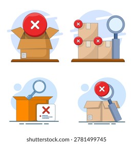 Flat vector illustration set showing no item found filled icon design, representing empty data, missing content notification, and web mobile application symbol concept.
