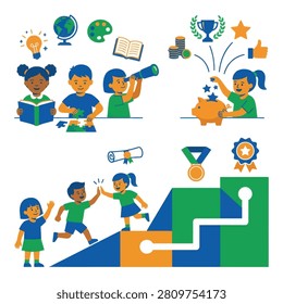 Flat vector illustration set showing kids studying saving money in a piggy bank and climbing a success chart to achieve goals