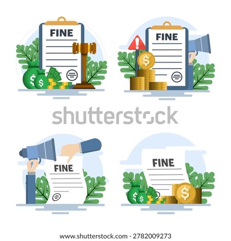 Flat vector illustration set showing pay fine concept with punishment document and penalty bill, representing traffic offense charges and financial authority payment system.