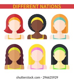 Flat vector illustration: Set of six different nation woman icons isolated on white background