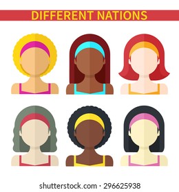 Flat vector illustration: Set of six different nation woman icons isolated on white background