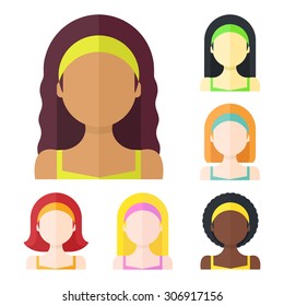 Flat vector illustration: Set of six different nation woman icons isolated on white background