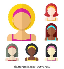 Flat vector illustration: Set of six different nation woman icons isolated on white background