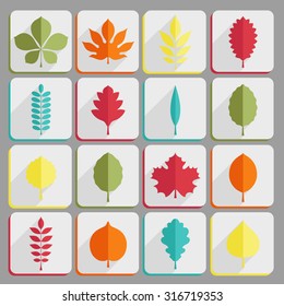 Flat vector illustration: set of sixteen white rounded corners stickers with different tree leaves with diagonal shadows isolated on light gray background