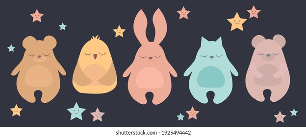 Flat vector illustration set of sleeping animals with owl, bear, cat, rabbit, stars, For print, baby cloths print postcard and poster