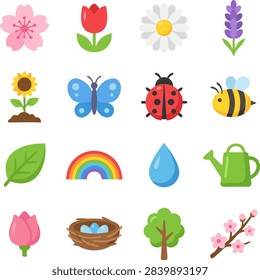 Flat vector illustration set of spring nature elements including flowers, bugs, plants, rainbow, nest with eggs, watering can, and tree isolated on a white background.