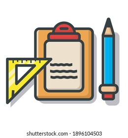 ilustración vectorial plana del conjunto de papel, lápices, libros y reglas