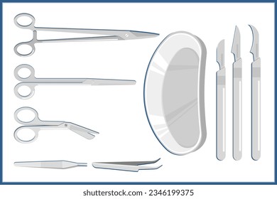 Flat vector illustration. Set of surgical equipment. Surgical scissors, forceps, kidney tray, scalpel.isolated on white background.