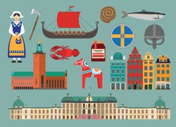 Flat Vector Illustration Set Of
Sweden Consisting Of Landmark Attractions And Cultures