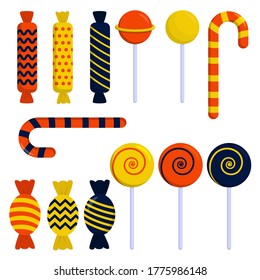 Flat vector illustration: set of sweets and candy. Happy Halloween.