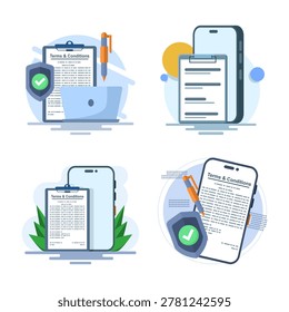 Flat vector illustration set of terms and conditions and privacy policy, representing user agreement, legal compliance, data protection, and digital platform security concept.