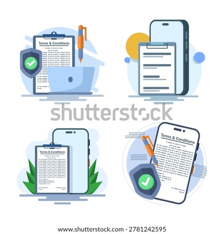 Flat vector illustration set of terms and conditions and privacy policy, representing user agreement, legal compliance, data protection, and digital platform security concept.