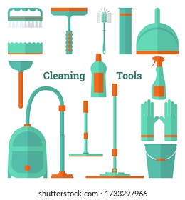 Flat vector illustration: set of tools for cleaning and cleaning equipment. Vector icons.