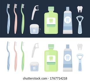 Flat vector illustration set of tooth, brush, paste, floss, irrigator, waterpick, mouthwash, tongue scraper. Oral care hygiene products and dental cleaning tools on light and dark background.