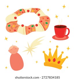 Flat vector illustration set of traditional Rosca de Reyes (King's cake) symbols including the sweet bread with candied fruit and hidden baby Jesus figure, a golden crown, the Star of Bethlehem, and a hot chocolate cup