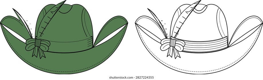 A flat vector illustration set of a traditional alpine-style hat with an upturned brim, feather trim, and decorative bow band, shown in both colored and line-draft technical versions. Suitable for fashion design portfolios, product mockups, apparel catalogs, and headwear pattern references.
