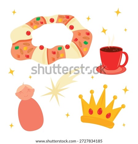 Flat vector illustration set of traditional Rosca de Reyes (King's cake) symbols including the sweet bread with candied fruit and hidden baby Jesus figure, a golden crown, the Star of Bethlehem, and a hot chocolate cup