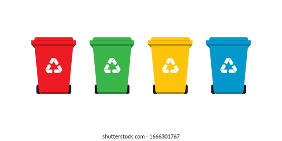 Flat vector illustration set of trash can with four type red, green, yellow, and blue color. Garbage recycle management to reduce waste. Eps 10