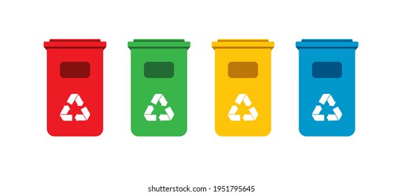 Flat vector illustration set of trash can with four type red, green, yellow, and blue color. Garbage recycle management to reduce waste. Eps 10