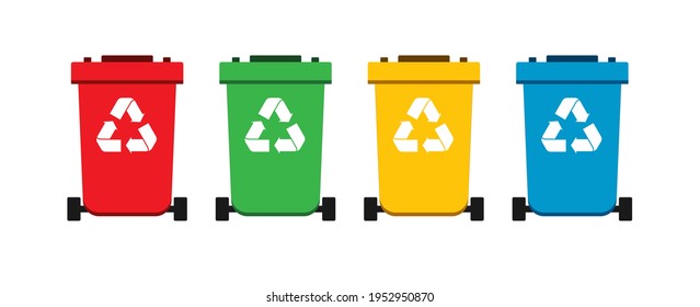Flat vector illustration set of trash can with four type red, green, yellow, and blue color. Garbage recycle management to reduce waste. Eps 10