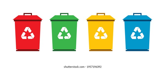 Flat vector illustration set of trash can with four type red, green, yellow, and blue color. Garbage recycle management to reduce waste. Eps 10Flat vector illustration set of trash can with four type 