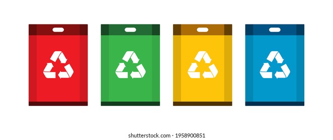Flat vector illustration set of trash can with four type red, green, yellow, and blue color. Garbage recycle management to reduce waste. Eps 10Flat vector illustration set of trash can with four type 