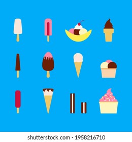 Flat vector illustration of set of various types of ice cream including frozen yogurt, gelato, soft serve, waffle cones, popsicles and other. Isolated on green background.