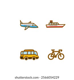 Flat vector illustration set of various transportation modes, including airplane, ship, bus, and bicycle. Perfect for digital designs, infographics, mobile apps, and educational materials."