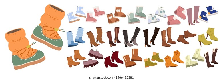 Flat Vector Illustration Set of Various Winter and Fashion Boots