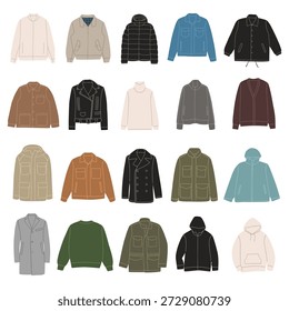 Conjunto de Ilustración vectorial plana de varias chaquetas y estilos de ropa exterior, incluyendo chaqueta bomber, chaqueta de mezclilla, chaqueta abullonada, parka, abrigo, sudadera con capucha, chaqueta de cuero, cárdigan y suéter. Limpie los contornos con colores apagados suaves, diseño de moda minimalista, aislado en el fondo blanco. Ideal para proyectos de moda, iconos, catálogos, App y branding.