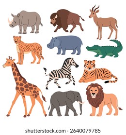 Flat vector illustration set of wild animals including rhinoceros, bison, antelope, cheetah, hippopotamus, crocodile, giraffe, zebra, tiger, elephant, and lion. Clean, colorful, perfect for
