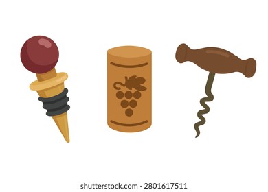 Flat vector illustration set with wine stopper, cork and corkscrew, isolated on white background.