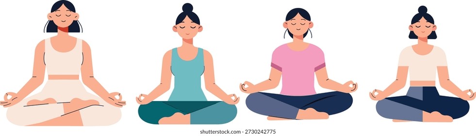 Conjunto de ilustração vetorial plano de mulheres praticando meditação e ioga em uma pose sentada calma. Apresentando personagens femininas em posições de lótus relaxadas com expressões pacíficas