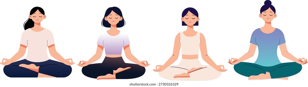 Flache Vektorgrafik-Reihe von Frauen, die Meditation und Yoga in ruhiger sitzender Pose üben. Mit weiblichen Charakteren in entspannten Lotuspositionen mit friedlichen Ausdrücken