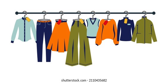 Flat vector illustration, set of women's clothes on a hanger with price tags. Clothing store, autumn and winter wardrobe. Shopping, store concept. Seasonal sale of clothes. Clothes collection icon